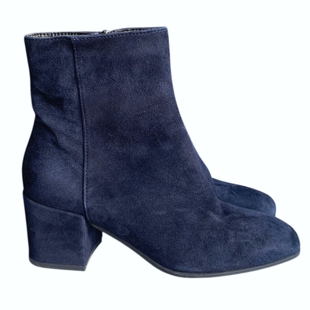 Aquatalia Suede Ankle Boots Womens 6.5 Navy Blue Block Heel Zip Fall Leather